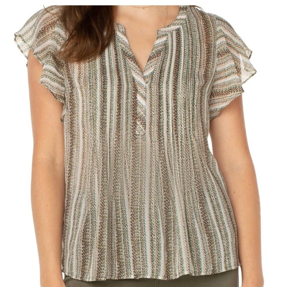 Liverpool Tops - Liverpool Striped Flutter Sleeve Popover Blouse Olive Small Lightweight Feminine